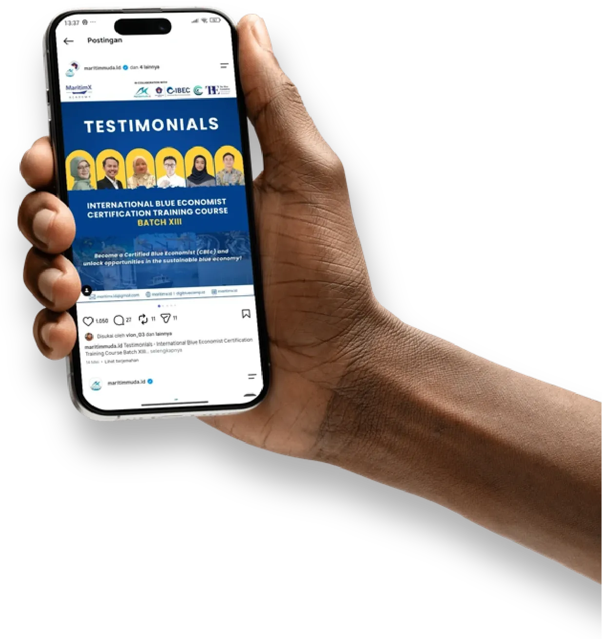 Phone mockup showing a Testimonials post